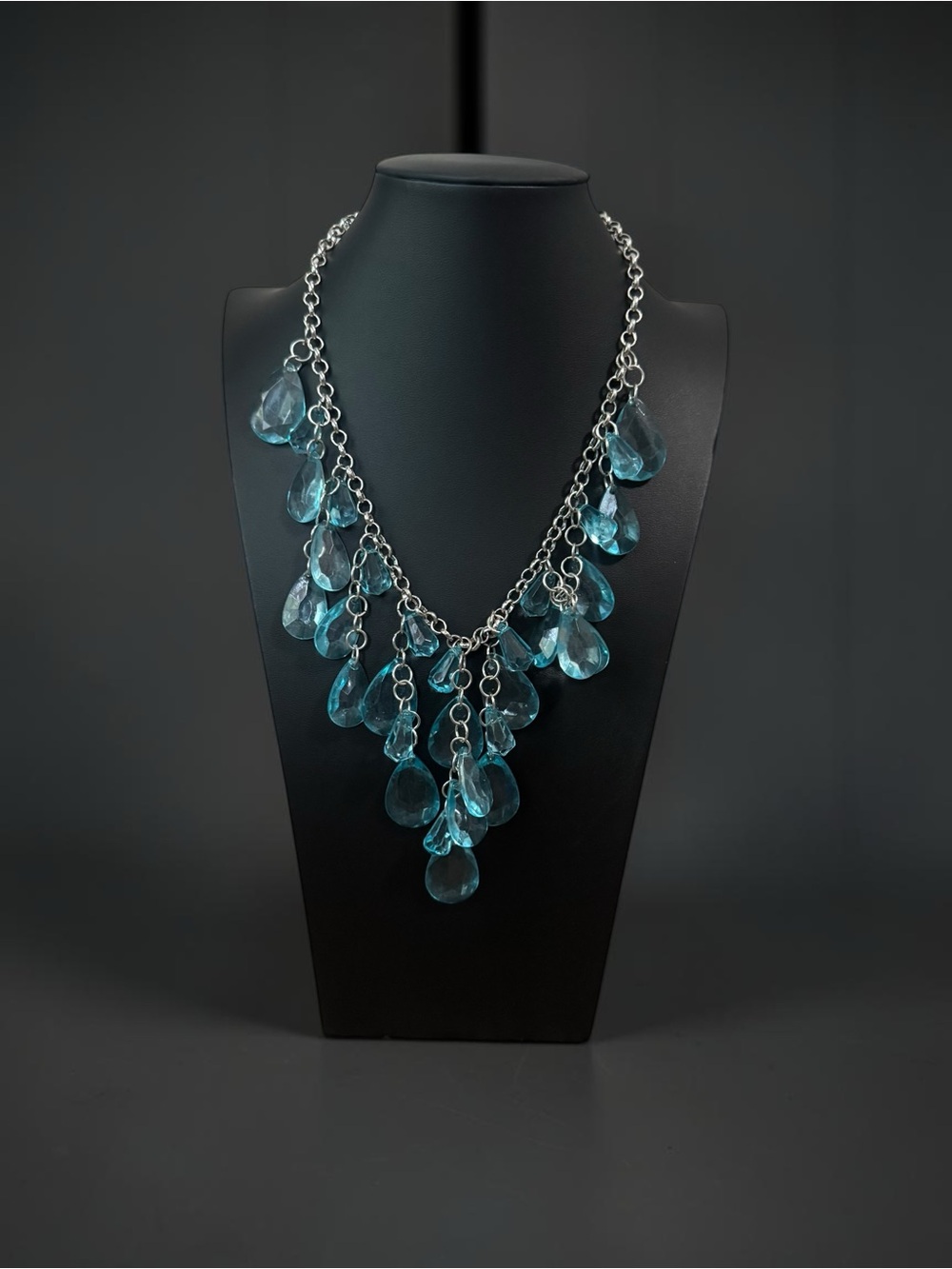 Silver Chain Necklace with Teardrop Blue Glass Pendants